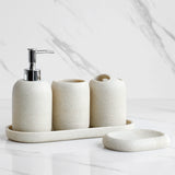 Premium Beige & Grijze Badkamer Accessoiresset - Luxe 5-Delige Resin Set met Dispenser