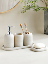 Premium Beige & Grijze Badkamer Accessoiresset - Luxe 5-Delige Resin Set met Dispenser