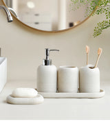 Premium Beige & Grijze Badkamer Accessoiresset - Luxe 5-Delige Resin Set met Dispenser