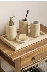 Wabi-Sabi Luxe Badkamer Set – Keramiek & Travertijn