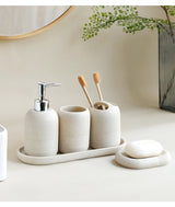 Premium Beige & Grijze Badkamer Accessoiresset - Luxe 5-Delige Resin Set met Dispenser