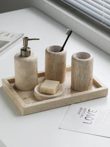 Wabi-Sabi Luxe Badkamer Set – Keramiek & Travertijn